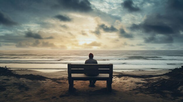 Foto een persoon die op een houten bank op het strand zit