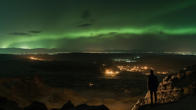 Een persoon die op een klif staat en naar de aurora borealis kijkt.