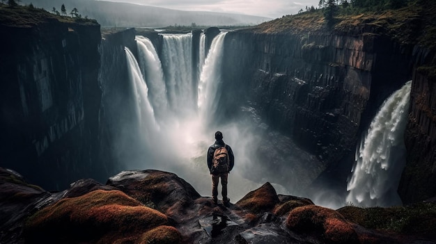 Een persoon die op een klif staat met uitzicht op een enorme waterval Generatieve AI