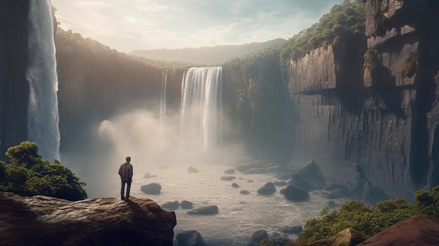 Een persoon die op een klif staat met uitzicht op een enorme waterval Generatieve AI