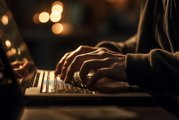 Een persoon die op een laptop typt in een donkere kamer.