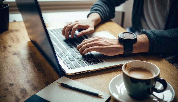 Een persoon die op een laptop typt met een koffiekopje en een koffiekopje op tafel.