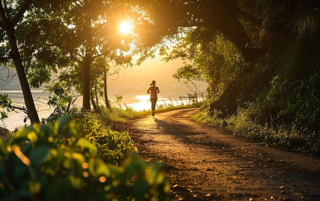 Een persoon die op een rustig pad jogt bij zonsopgang