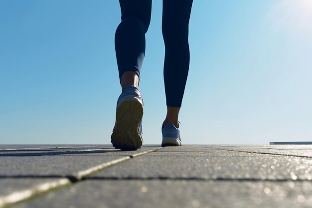 Een persoon die op een stoep loopt met blauwe sneakers en een blauwe lucht op de achtergrond.