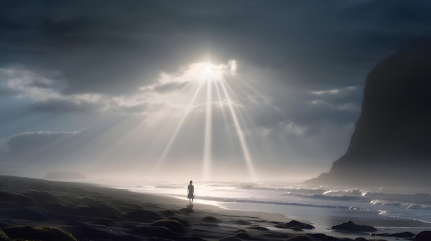 Een persoon die op een strand staat onder een bewolkte hemel