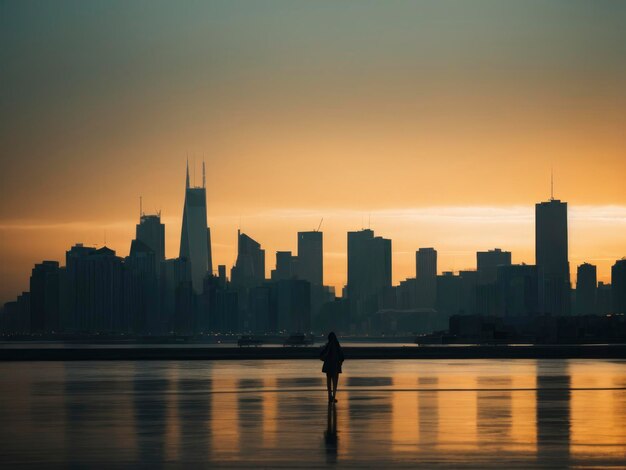 een persoon die op een strand staat voor de skyline van een stad bij zonsondergang