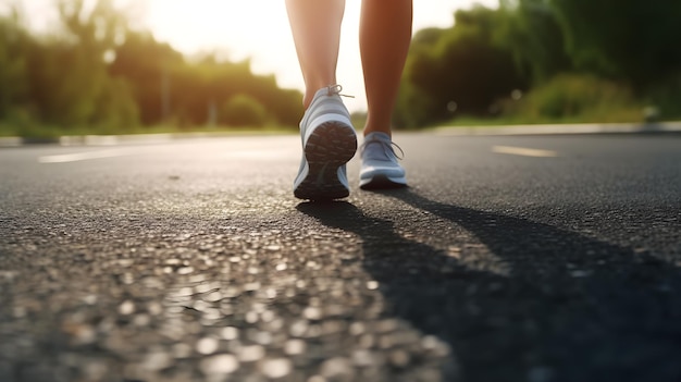 Een persoon die op een weg loopt met aan de rechterkant het woord joggen.