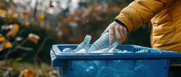 Een persoon die op verantwoorde wijze plastic afval in een blauwe recyclingbak verwijdert