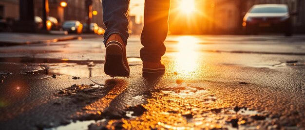 een persoon die over een natte straat loopt bij zonsondergang