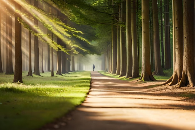 Een persoon die over een pad loopt terwijl de zon door de bomen schijnt