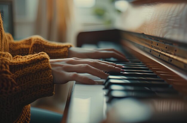 Een persoon die piano speelt close-up van handen op toetsen ondiepe diepte van fiel