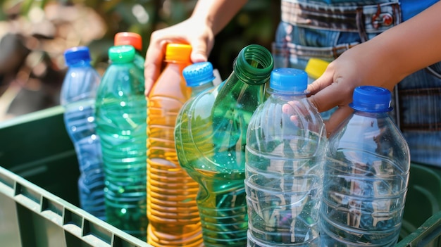 Een persoon die plastic flessen recycleert in een recyclingbak