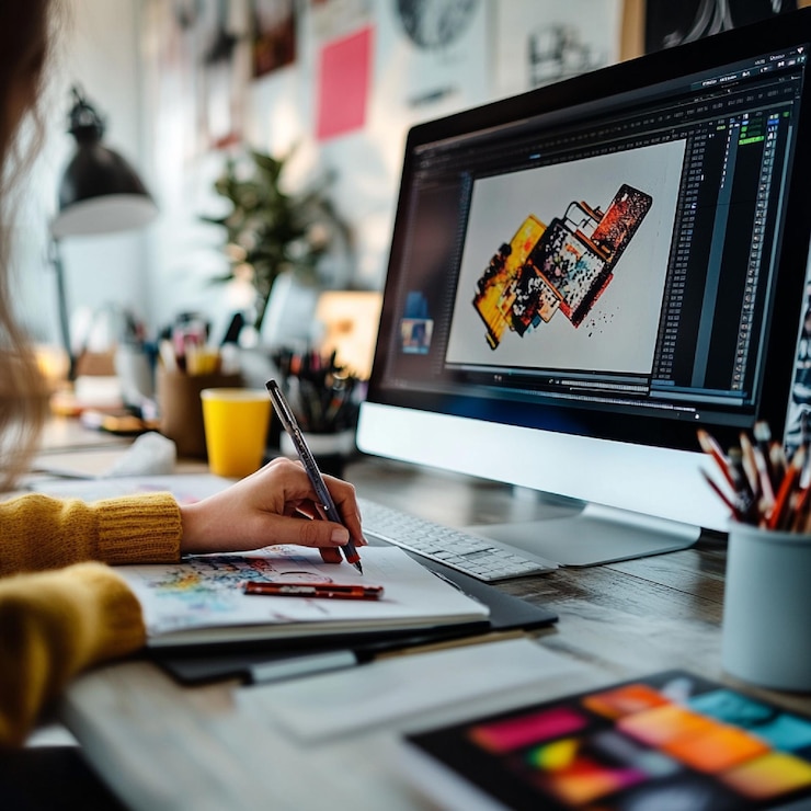 Foto een persoon die promotiegrafiek ontwerpt voor wedstrijden en giveaways op sociale media