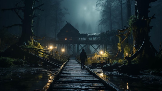 Een persoon die 's nachts de houten brug op gaat in een donker Spookachtig bos