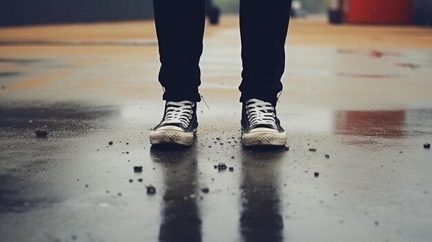Foto een persoon die schoenen draagt staat op een natte oppervlakte met water op de grond