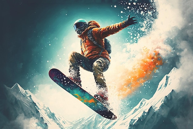 Een persoon die snowboardt voor een besneeuwde berg