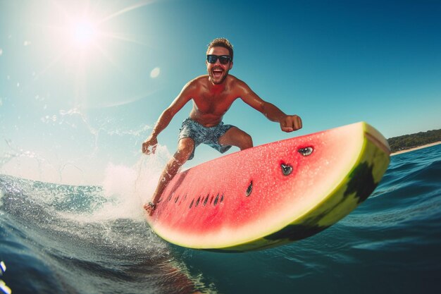 Een persoon die surft of paddleboardt met een watermelon-thema board