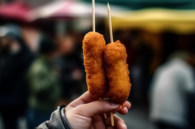 Een persoon die twee gebakken kipsticks vasthoudt