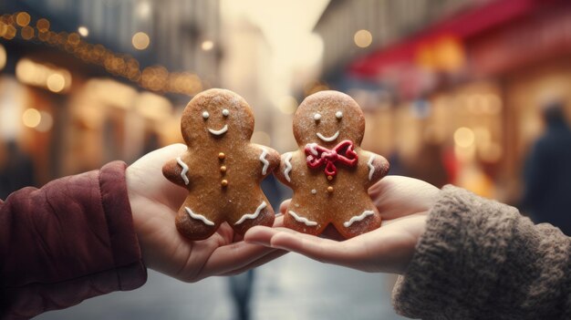 Foto een persoon die twee kleine gemberkoekjes in zijn handen houdt