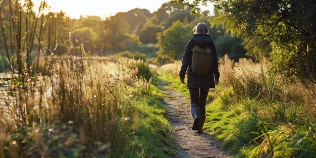 Foto een persoon die van een natuurwandeling in een beschermd gebied geniet