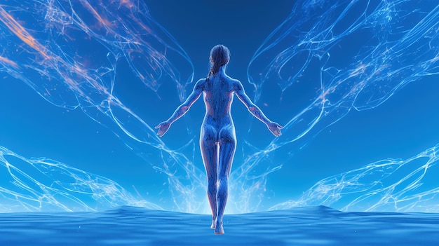 Een persoon die voor een blauwe achtergrond loopt met een blauwe achtergrond en het woord 'healing' op de bodem.