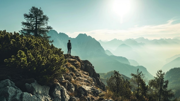 Een persoon die wandelmeditatie beoefent terwijl hij op een bergtop wandelt