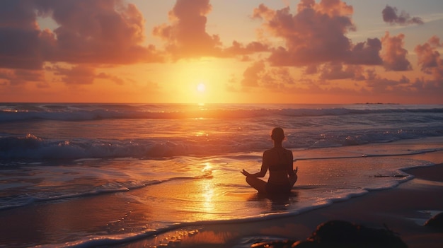 Een persoon die yoga beoefent bij zonsopgang op een verlaten strand en vrede vindt in het ritme van de golven