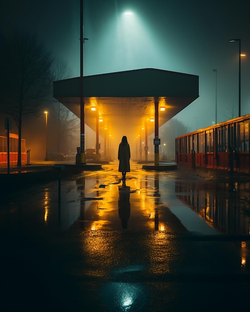 een persoon draagt een paraplu terwijl ze's nachts langs het tankstation lopen