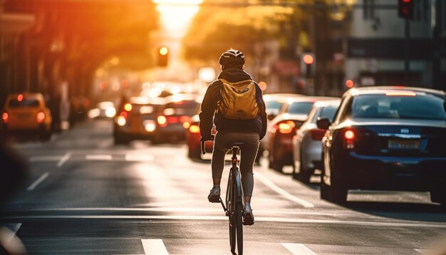 Eén persoon fietst in wazige beweging door stadsverkeer in de schemering, gegenereerd door kunstmatige intelligentie