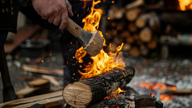 een persoon gebruikt een bijl om een vuur aan te steken met brandhout op de achtergrond