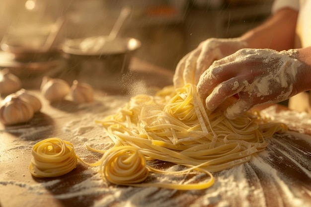 een persoon gebruikt een rollende pen om pasta te wikkelen