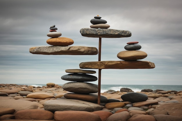 Foto een persoon gevormd steen marker of cairn met een twee steen hoofd op een rotsachtig strand op een donkere en dramatische