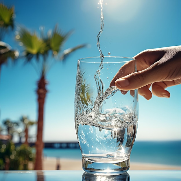 een persoon giet water in een glas met palmbomen op de achtergrond.