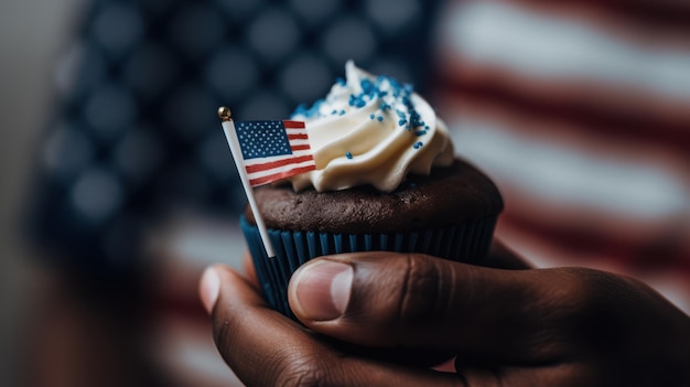 Een persoon houdt een cupcake vast met de Amerikaanse vlag erop.