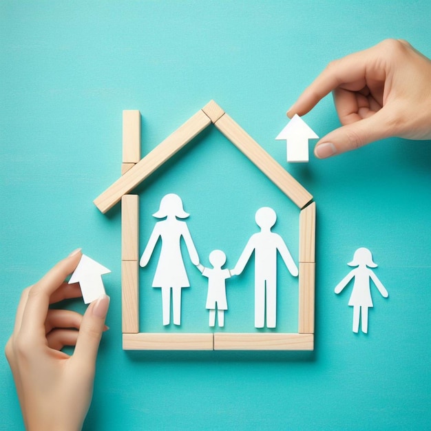 een persoon houdt een houten huis vast met een gezin en een foto van een gezin op de blauwe achtergrond