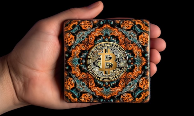 Een persoon houdt een kubusobject vast met het bitcoin-logo erop