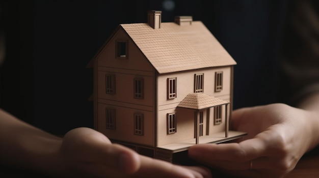Een persoon houdt een model van een huis in zijn handen.