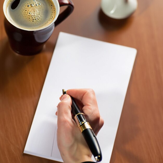 een persoon houdt een pen vast en schrijft op een witte tafel