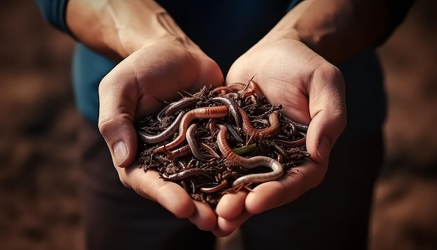Een persoon houdt een stel regenwormen in zijn handen.