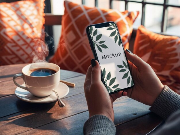 een persoon houdt een telefoon vast met een foto van een kop koffie en een koffie