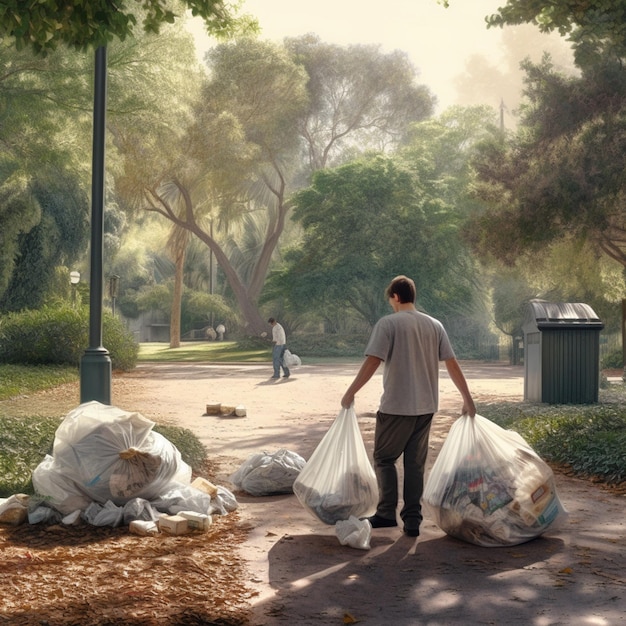 Een persoon houdt een vuilniszak in zijn hand om het afval op te halen dat zich in een park bevindt