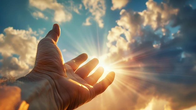Een persoon houdt zijn hand omhoog naar de heldere zon in een gebaar van eerbied en verbinding met de natuur