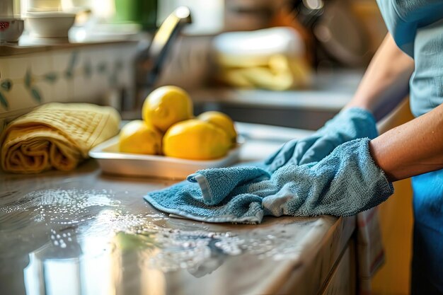 Een persoon in blauwe handschoenen die een keukentafel schoonmaakt