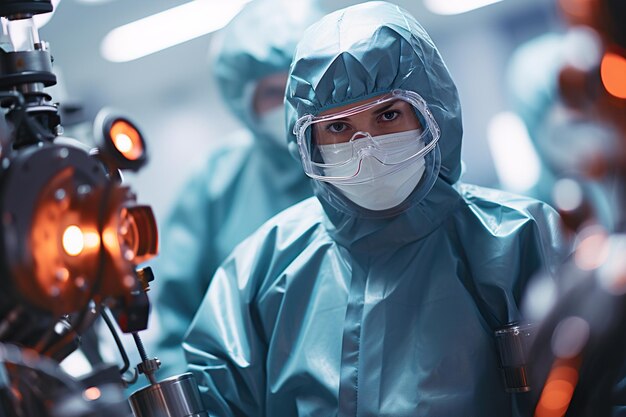 Een persoon in een blauw uniform en een masker Generatief AI-beeld