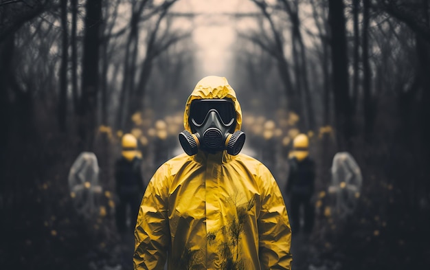 Een persoon in een chemisch beschermingspak tegen straling met radioactieve waarschuwingsbehandeling voor chemische stoffen