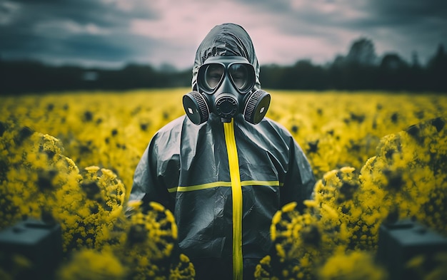 Foto een persoon in een chemisch beschermingspak tegen straling met radioactieve waarschuwingsbehandeling voor chemische stoffen