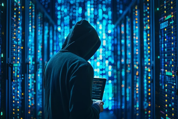 een persoon in een donkere hoodie houdt een tablet vast tegen een blauwe achtergrond