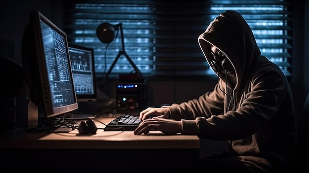 Een persoon in een donkere kamer met een computerscherm en een zwarte hoodie met de tekst cybercriminaliteit.