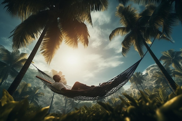 Een persoon in een hangmat tussen twee palmbomen Generatieve ai