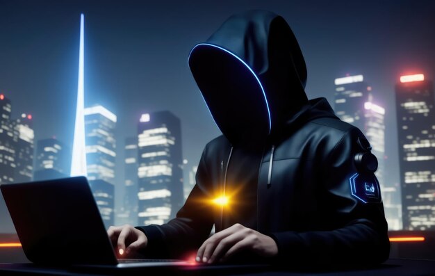 Een persoon in een hoodie typt op een laptop AI Generated